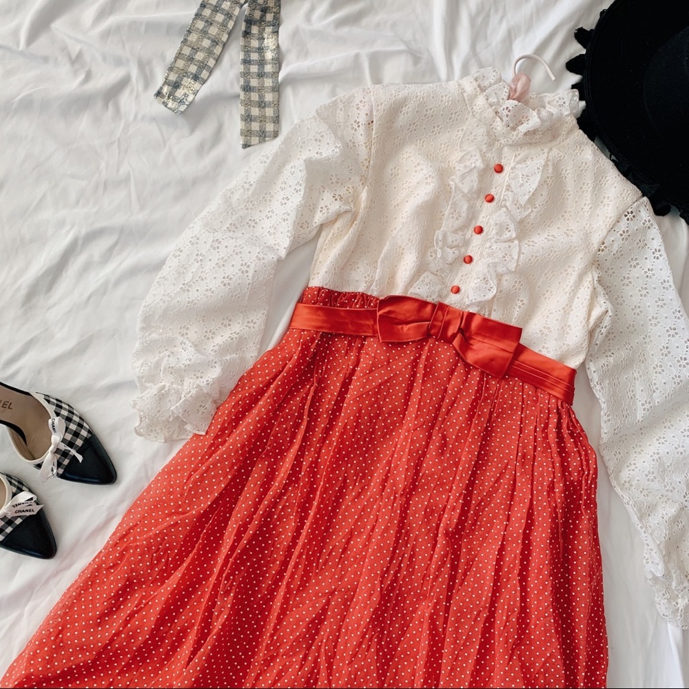 Vtg 60s Red White Polka Dot Ruffle Lace Maxi Dress